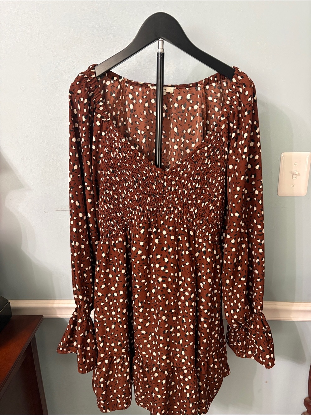 Flirty Smocked Spotted Long-Sleeve Mini Dress with White and Black  Spot Print